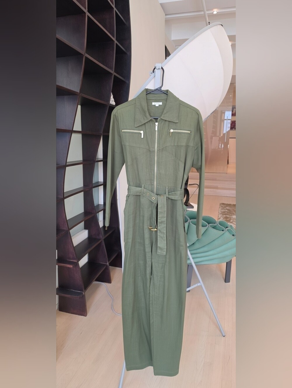 WeWoreWhat Olive Green Linen Utility Jumpsuit with Gold Hardware Size S - Picture 5 of 11